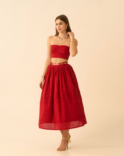Heart’s Rush Red Schiffli Embroidered Midi Skirt for Women – High-Waist Flared Skirt