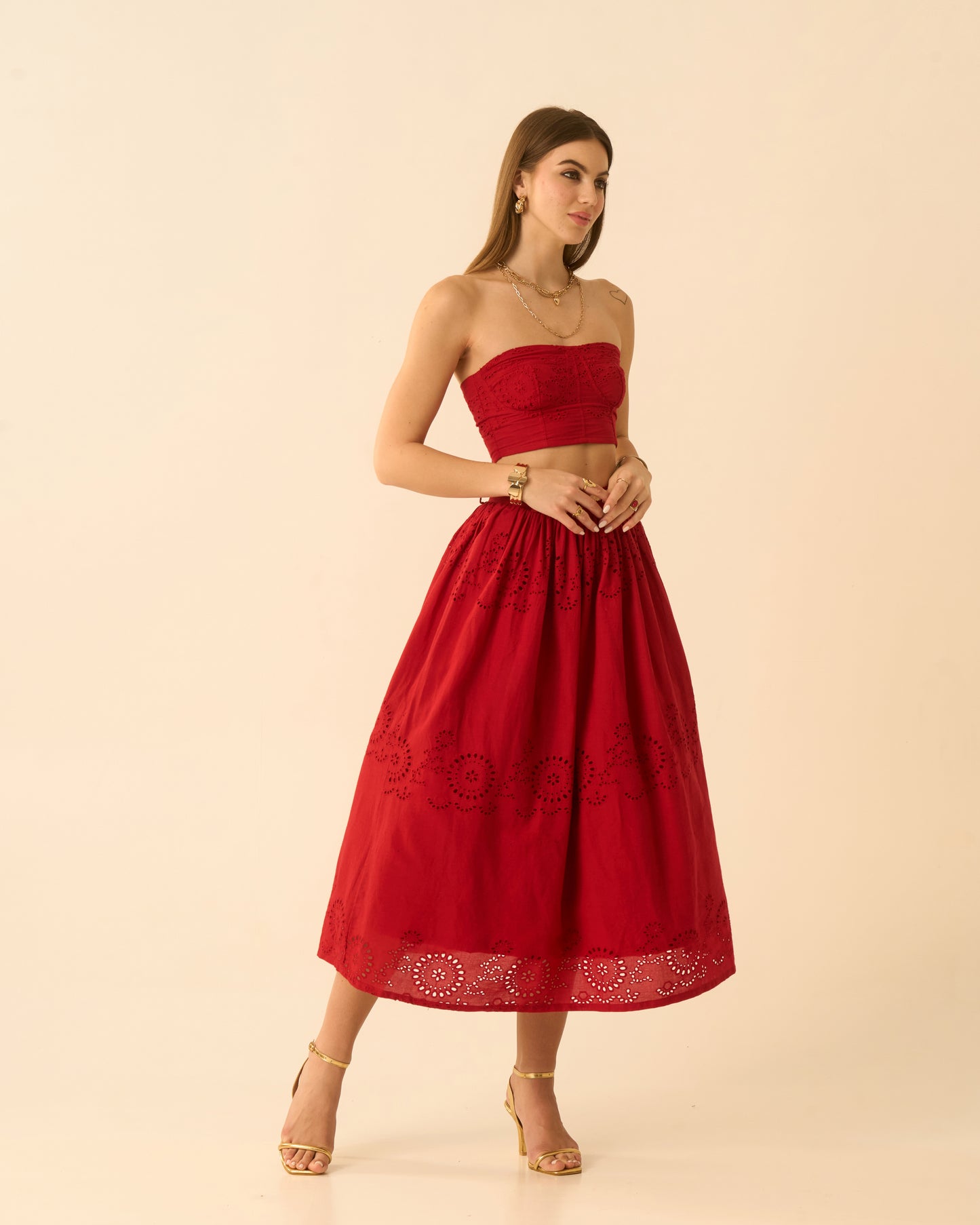 Heart’s Rush Red Schiffli Embroidered Midi Skirt for Women – High-Waist Flared Skirt