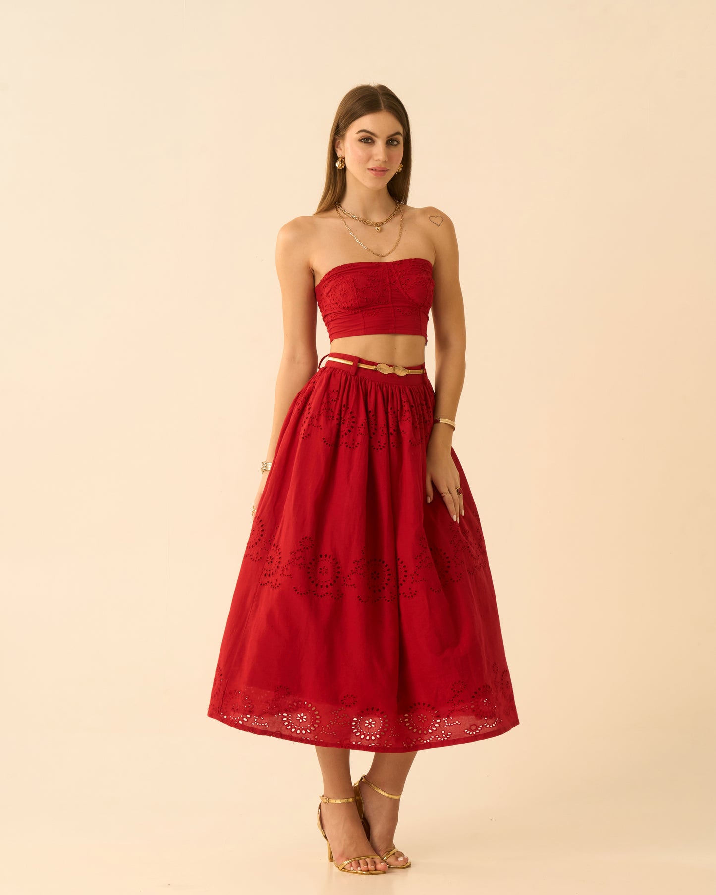 Heart’s Rush Red Schiffli Embroidered Midi Skirt for Women – High-Waist Flared Skirt