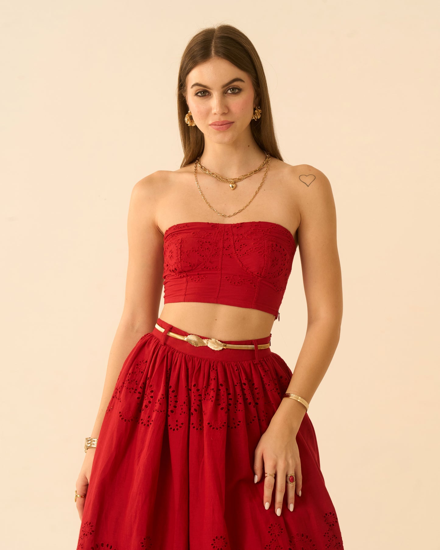 Heart’s Rush Red Schiffli Embroidered Midi Skirt for Women – High-Waist Flared Skirt