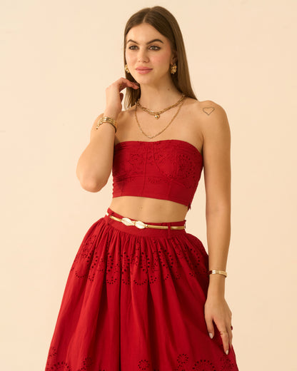 Heart’s Rush Red Schiffli Embroidered Midi Skirt for Women – High-Waist Flared Skirt