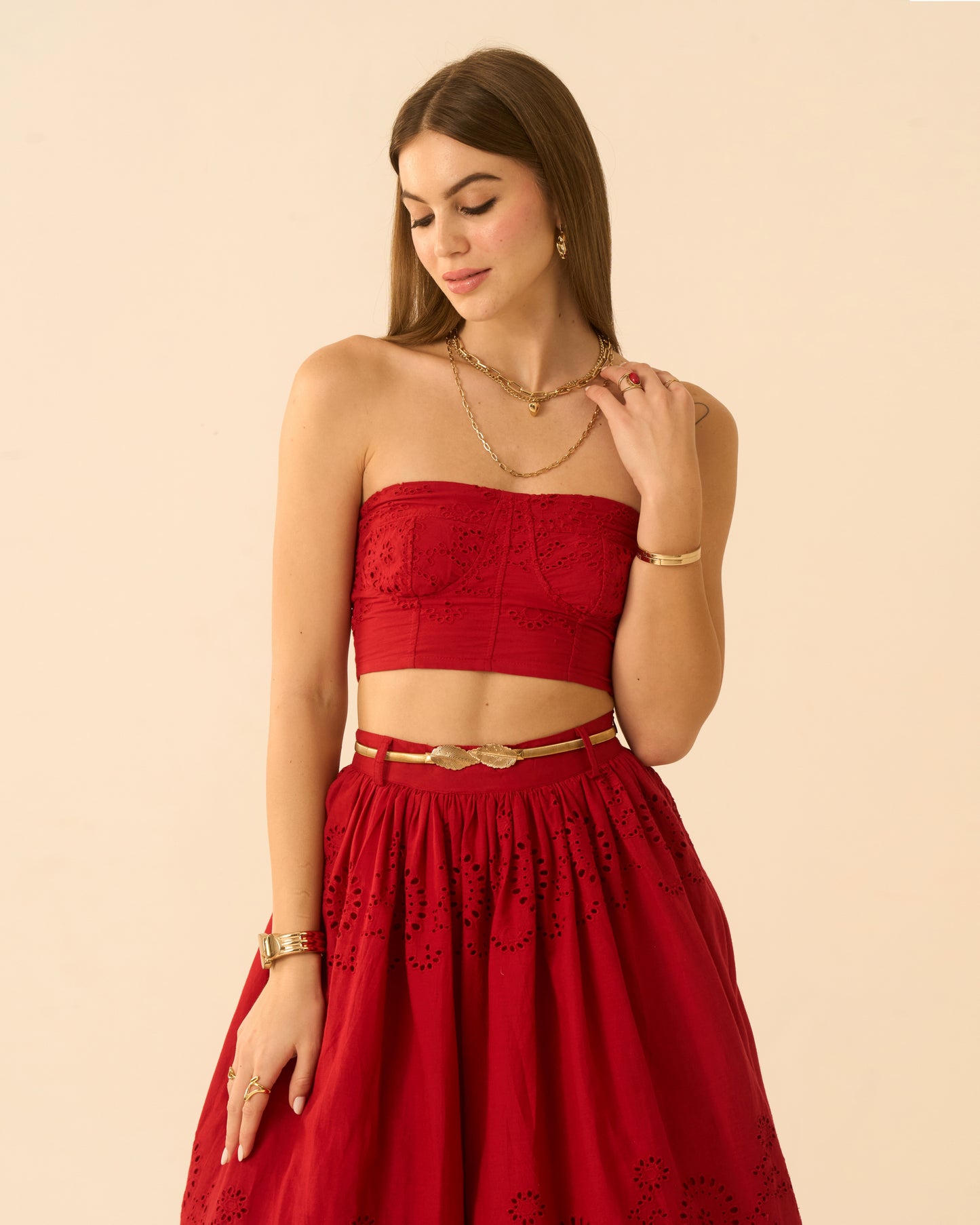 Heart’s Rush Red Schiffli Embroidered Midi Skirt for Women – High-Waist Flared Skirt
