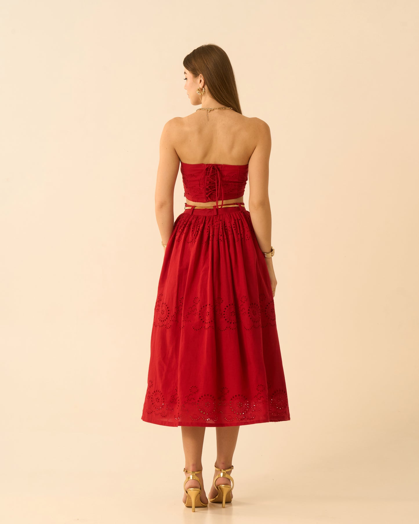Heart’s Rush Red Schiffli Embroidered Midi Skirt for Women – High-Waist Flared Skirt