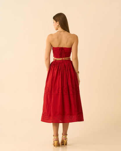 Heart’s Rush Red Schiffli Embroidered Midi Skirt for Women – High-Waist Flared Skirt