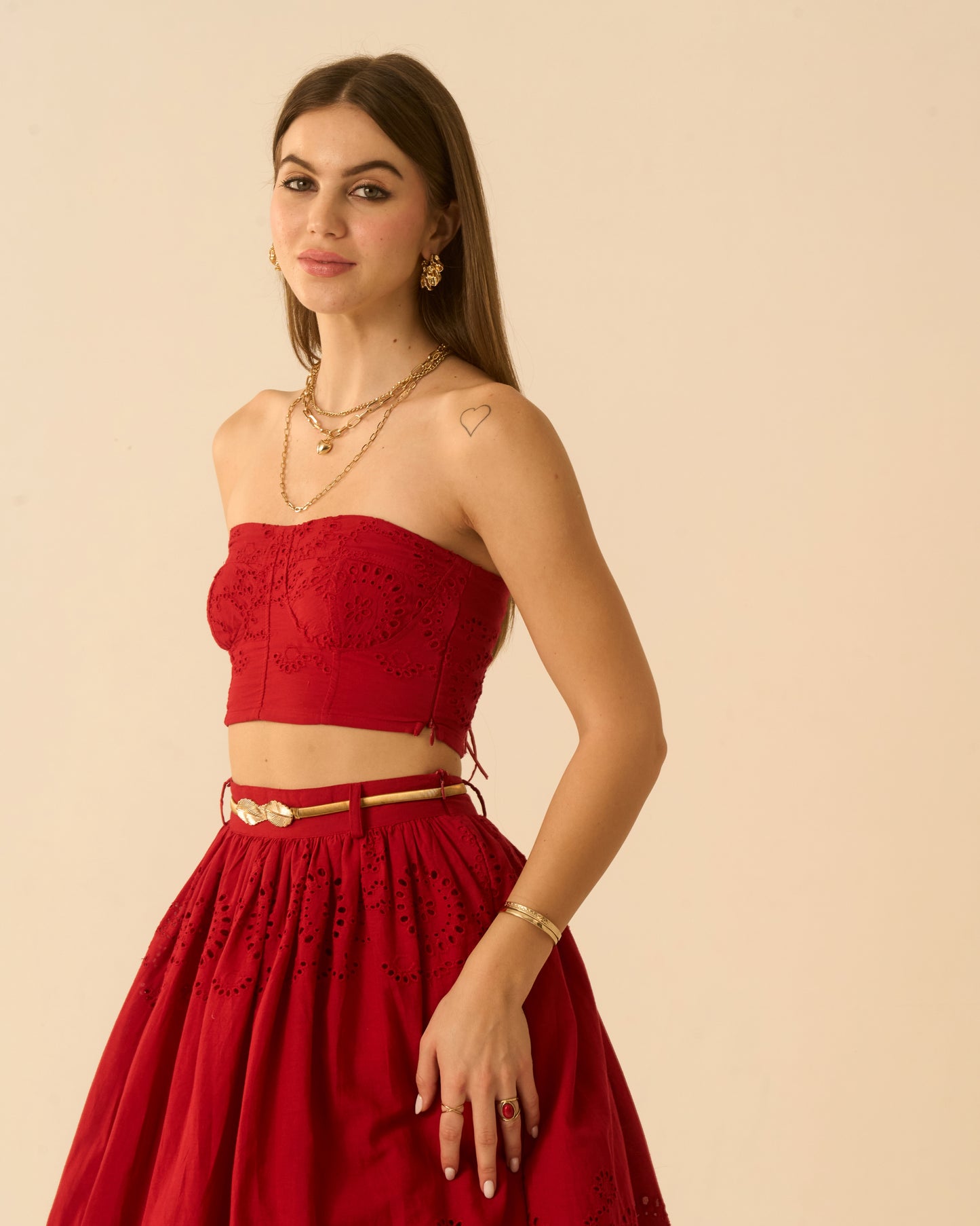 Heart’s Rush Red Schiffli Embroidered Midi Skirt for Women – High-Waist Flared Skirt