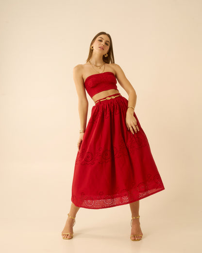 Heart’s Rush Red Schiffli Embroidered Midi Skirt for Women – High-Waist Flared Skirt