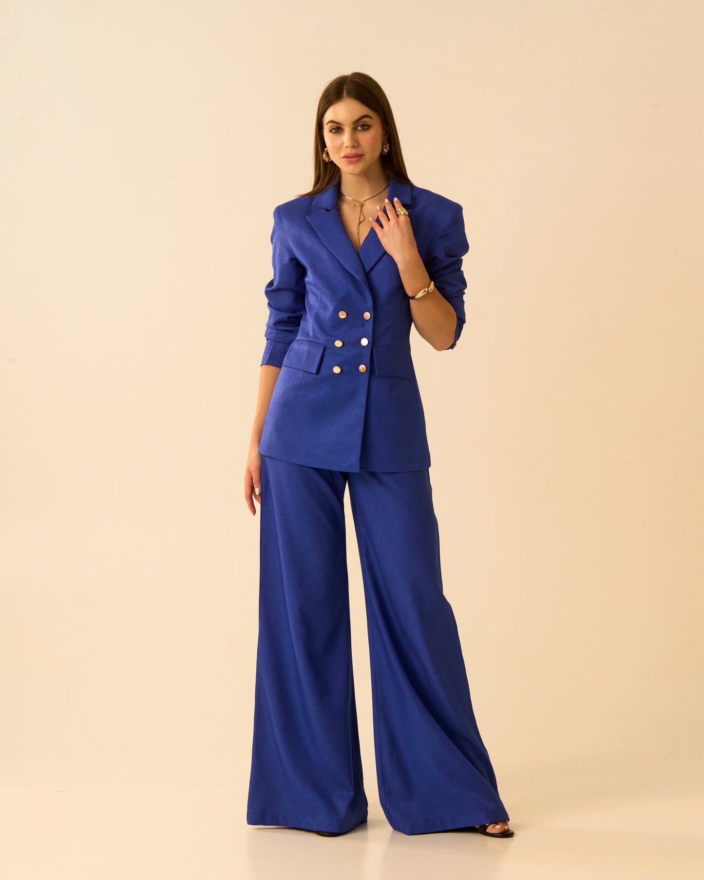 Ocean Breeze Electric Blue Double-Breasted Blazer for Women | Tailored Formal Blazer Jacket