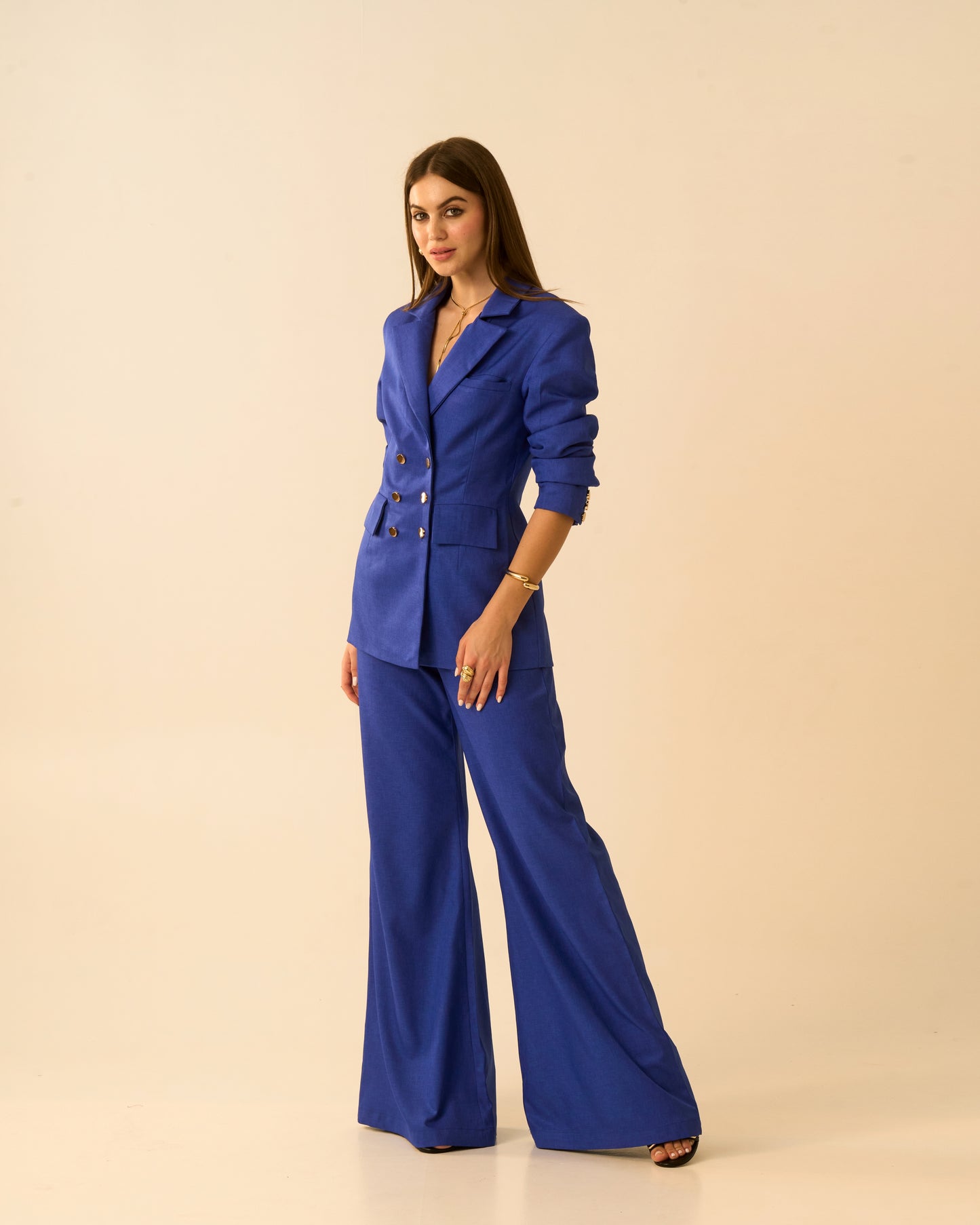 Ocean Breeze Electric Blue Double-Breasted Blazer for Women | Tailored Formal Blazer Jacket