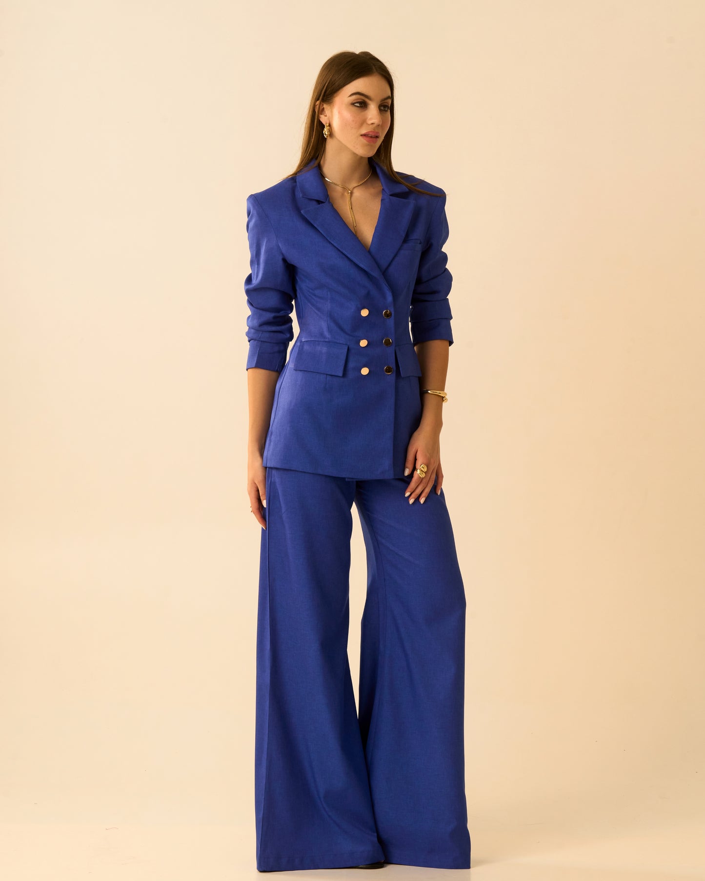 Ocean Breeze Electric Blue Double-Breasted Blazer for Women | Tailored Formal Blazer Jacket