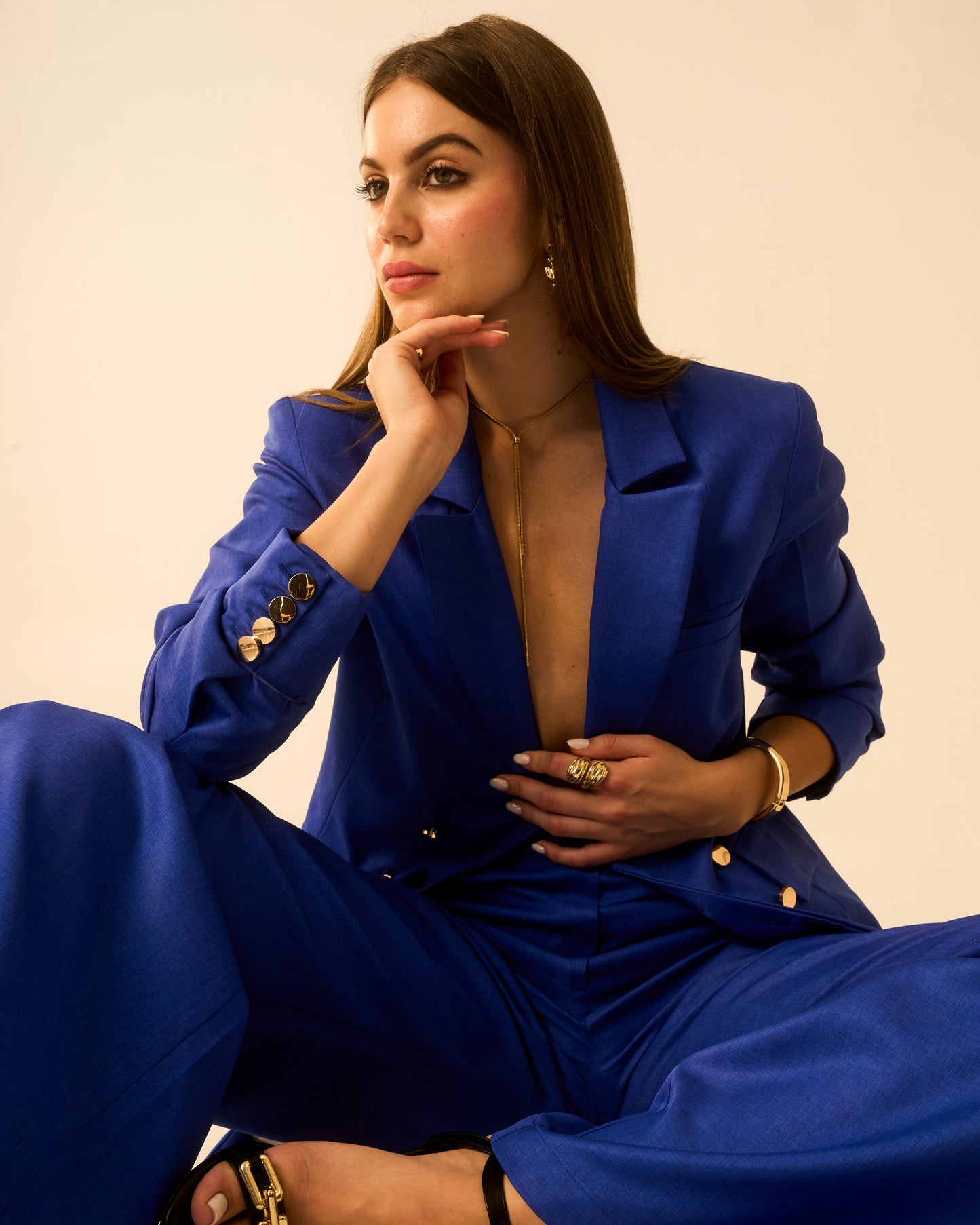 Ocean Breeze Electric Blue Double-Breasted Blazer for Women | Tailored Formal Blazer Jacket