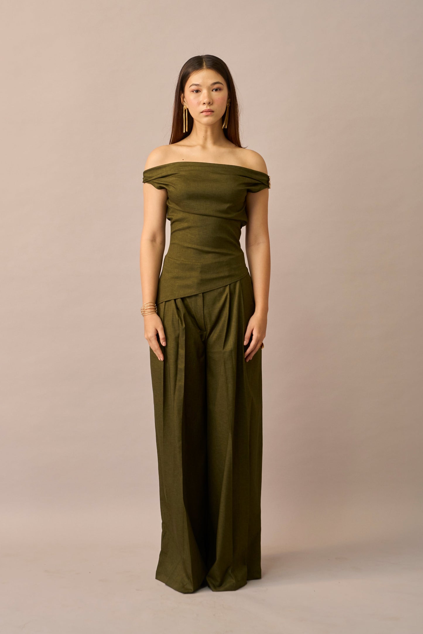 Moss Melt – Olive Off-Shoulder Top & Wide Leg Trousers Women Co-ord Set