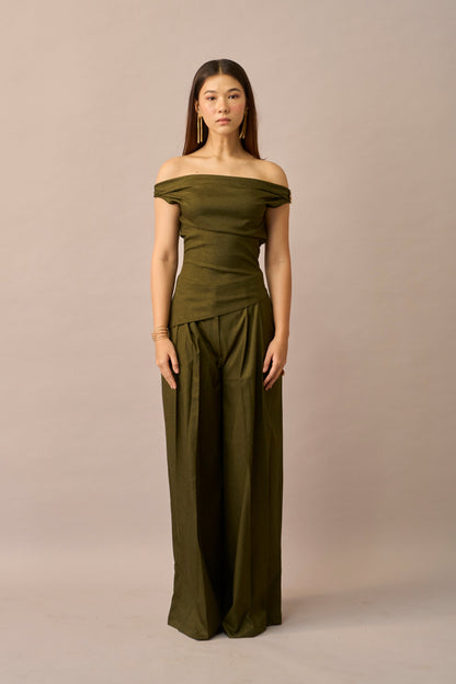 Moss Melt – Olive Off-Shoulder Top & Wide Leg Trousers Women Co-ord Set