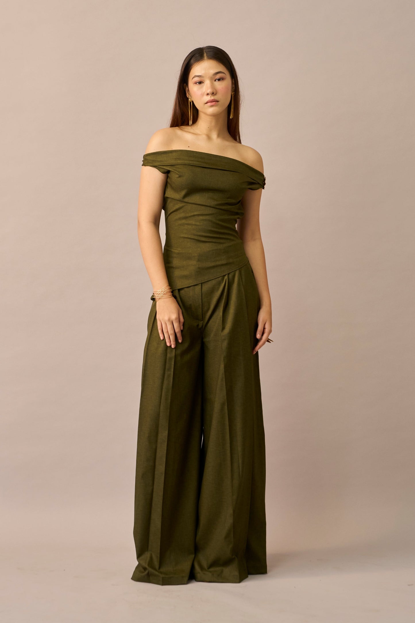 Moss Melt – Olive Off-Shoulder Top & Wide Leg Trousers Women Co-ord Set