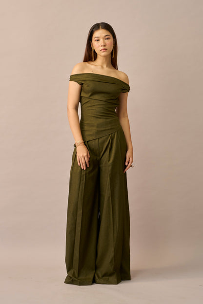 Moss Melt – Olive Off-Shoulder Top & Wide Leg Trousers Women Co-ord Set