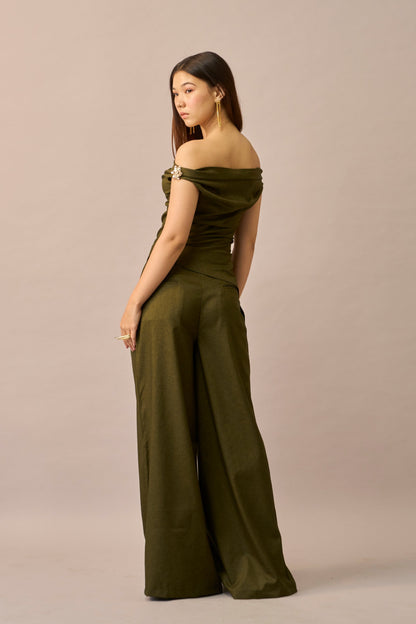Moss Melt – Olive Off-Shoulder Top & Wide Leg Trousers Women Co-ord Set