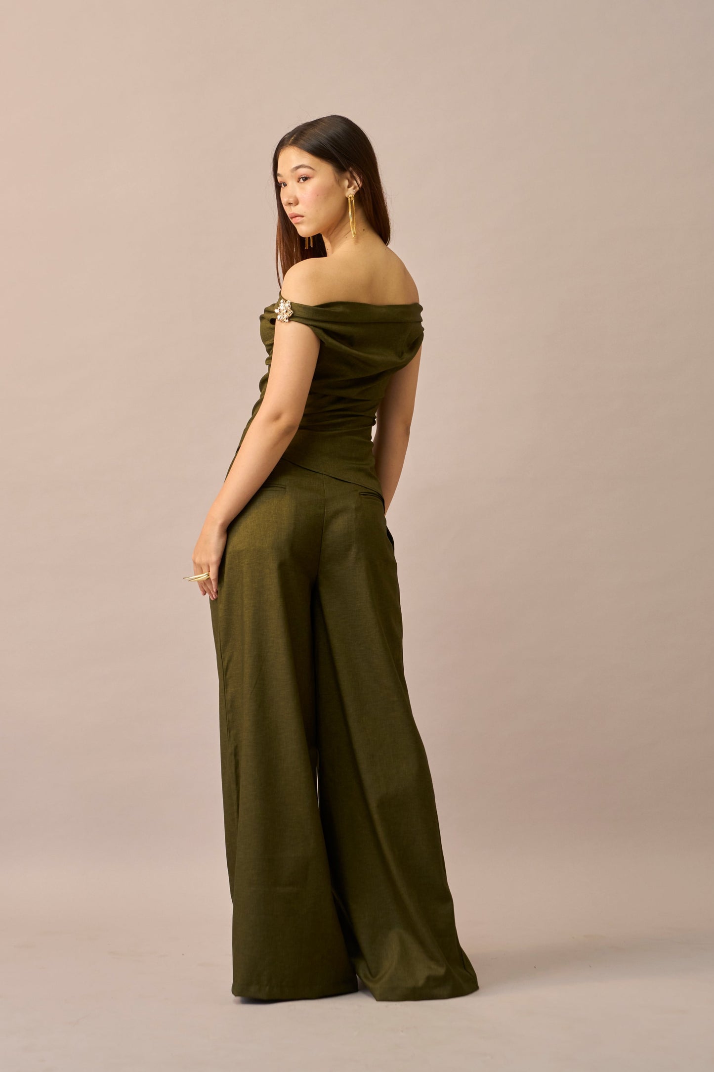 Moss Melt – Olive Off-Shoulder Top & Wide Leg Trousers Women Co-ord Set