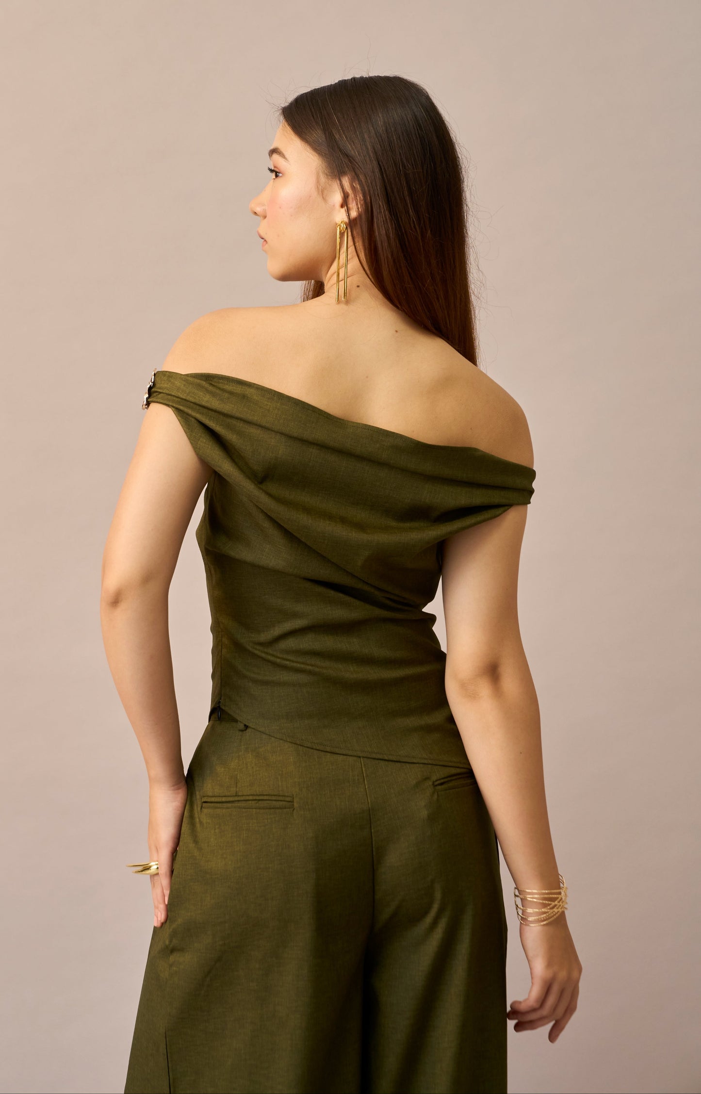 Moss Melt – Olive Off-Shoulder Top & Wide Leg Trousers Women Co-ord Set