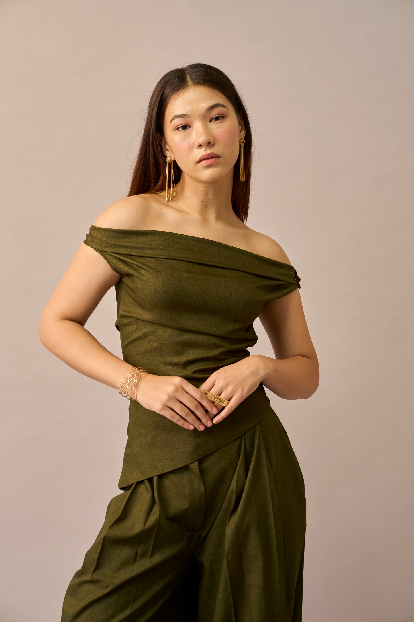 Moss Melt – Olive Off-Shoulder Top & Wide Leg Trousers Women Co-ord Set