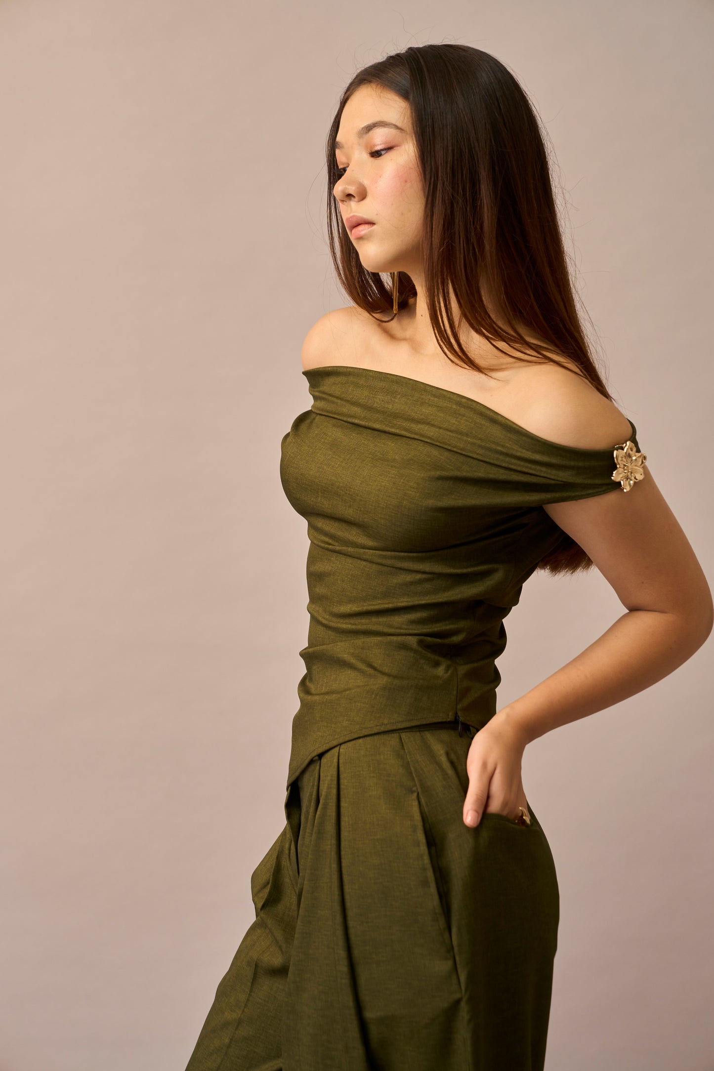 Moss Melt – Olive Off-Shoulder Top & Wide Leg Trousers Women Co-ord Set
