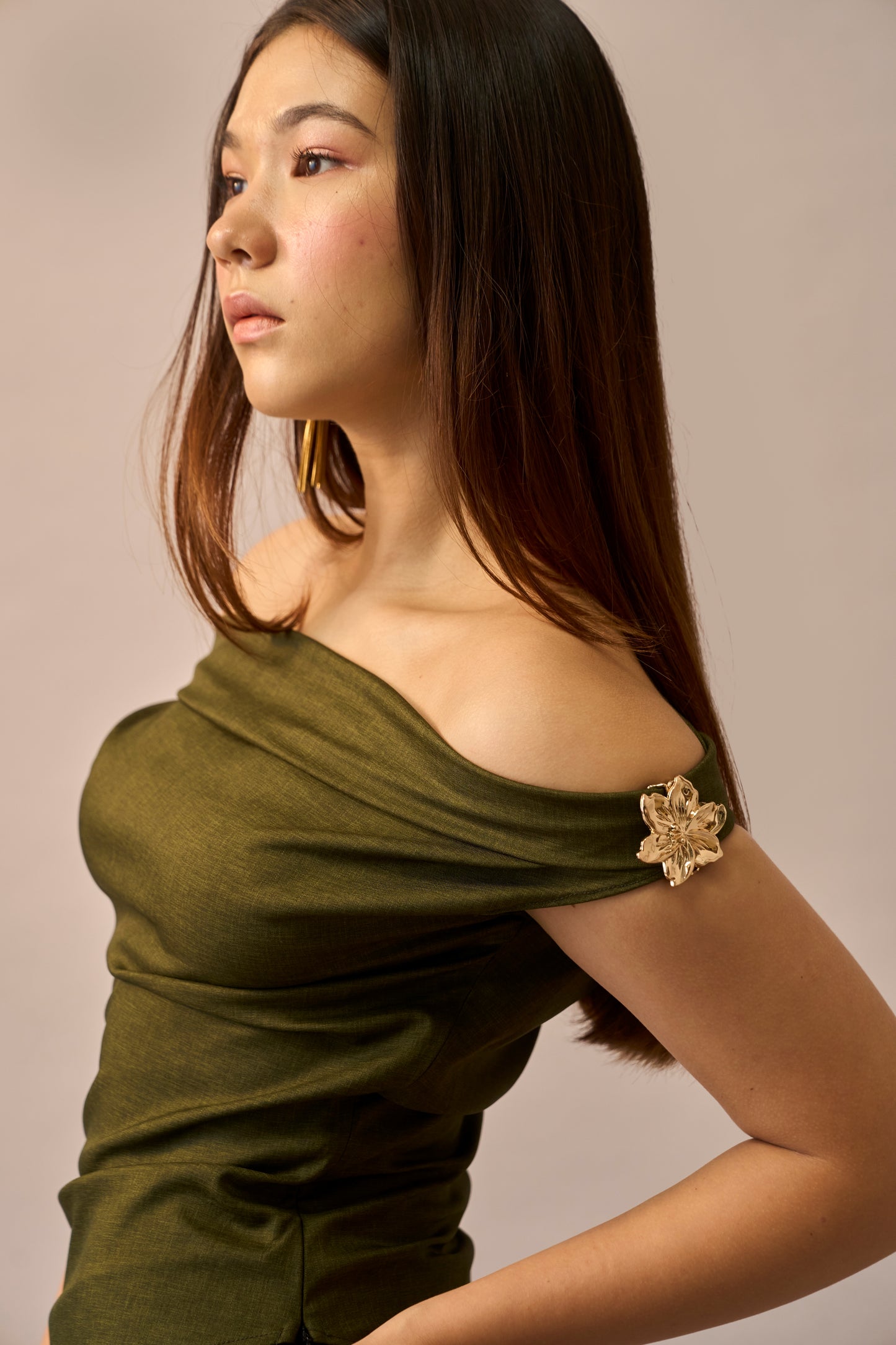 Moss Melt – Olive Off-Shoulder Top & Wide Leg Trousers Women Co-ord Set
