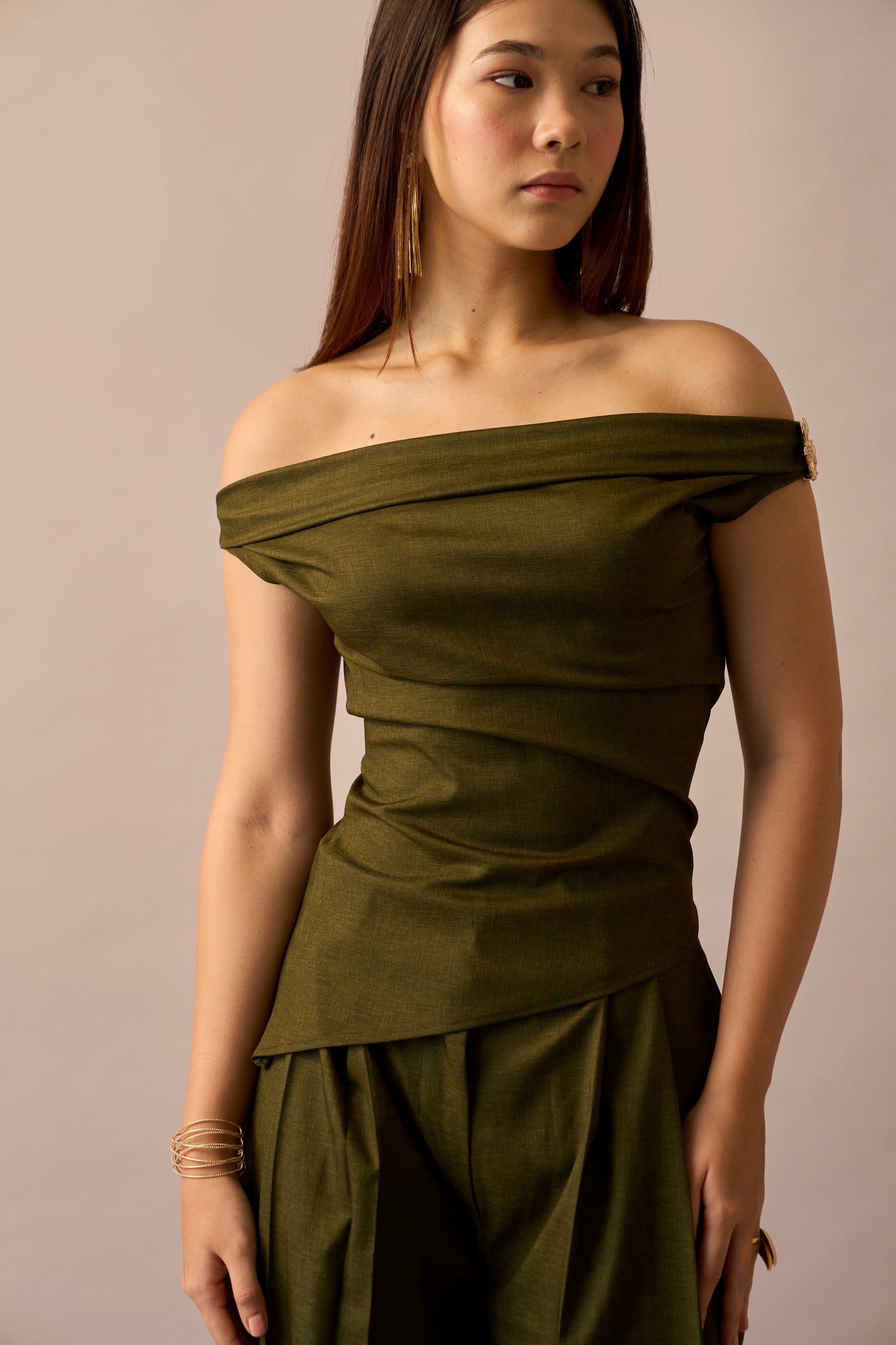 Moss Melt – Olive Off-Shoulder Top & Wide Leg Trousers Women Co-ord Set
