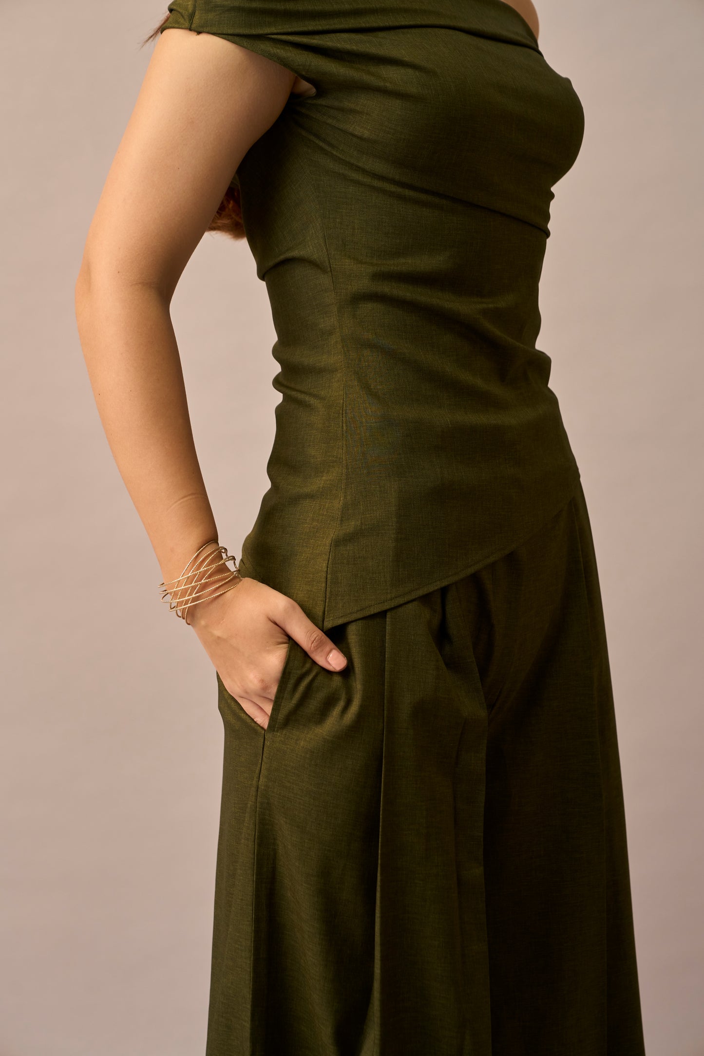 Moss Melt – Olive Off-Shoulder Top & Wide Leg Trousers Women Co-ord Set