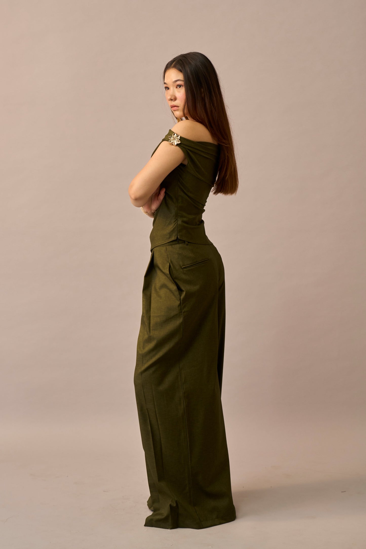 Moss Melt – Olive Off-Shoulder Top & Wide Leg Trousers Women Co-ord Set
