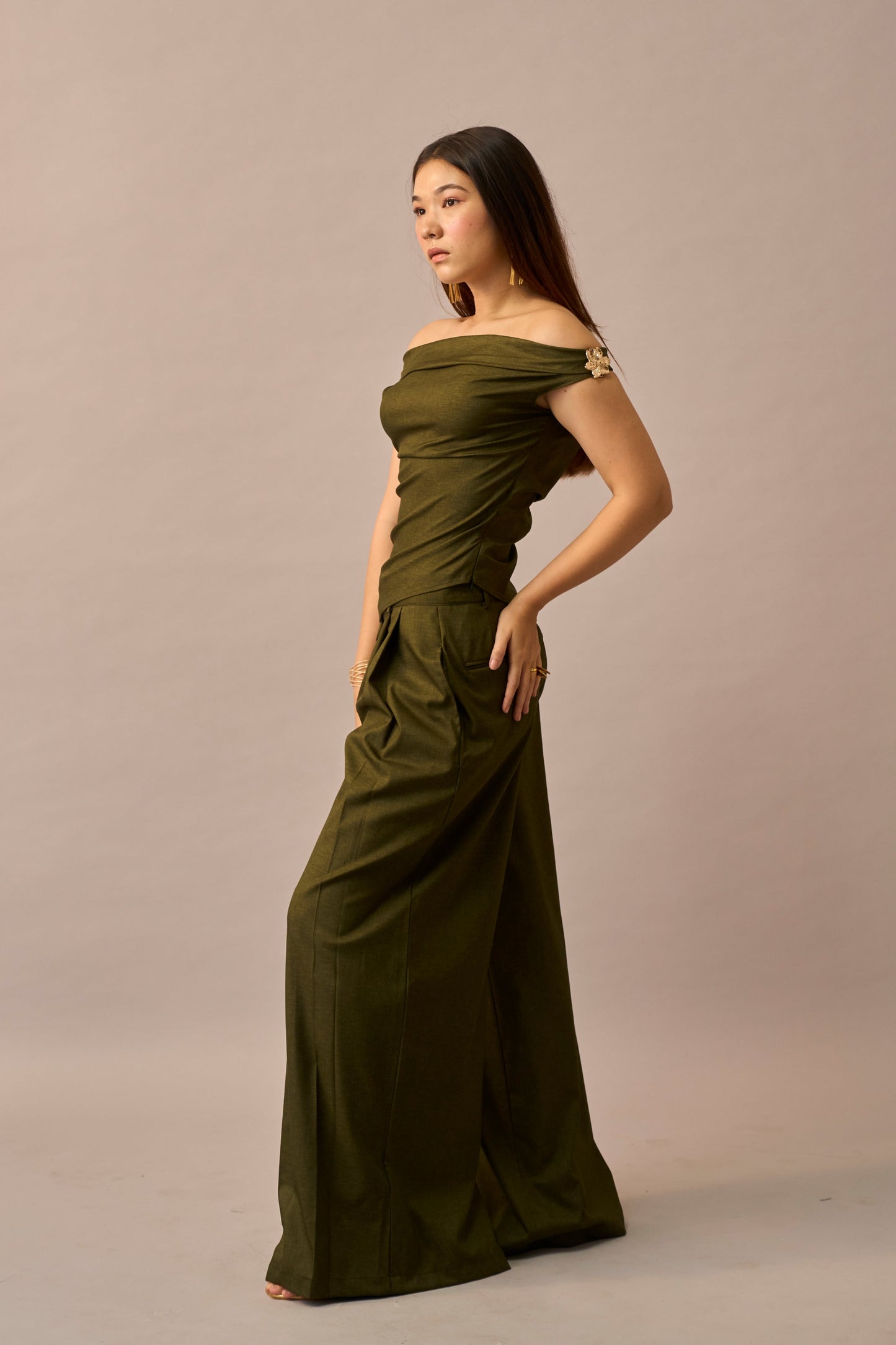 Moss Melt – Olive Off-Shoulder Top & Wide Leg Trousers Women Co-ord Set