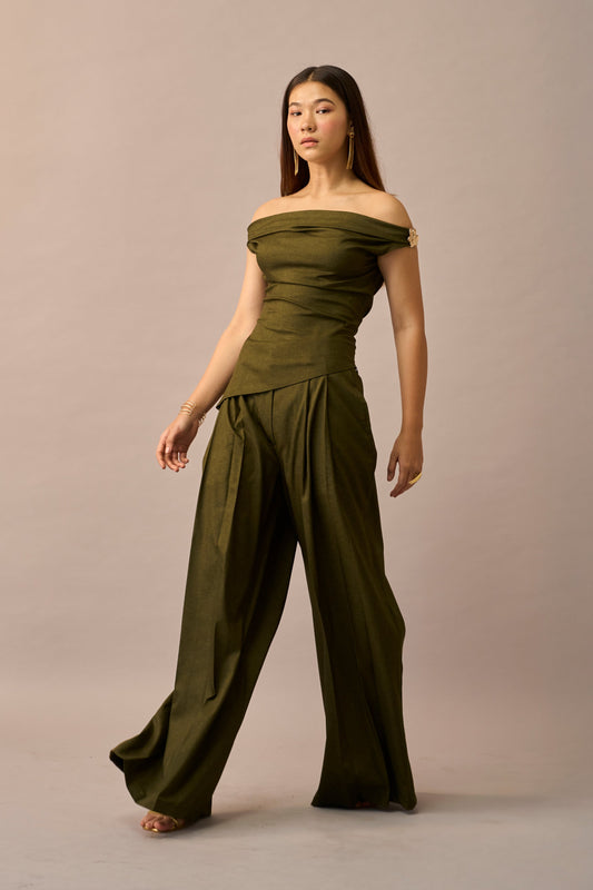 Moss Melt – Olive Wide Leg Trousers for Women