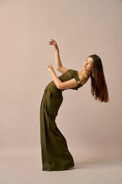 Moss Melt – Olive Off-Shoulder Top & Wide Leg Trousers Women Co-ord Set