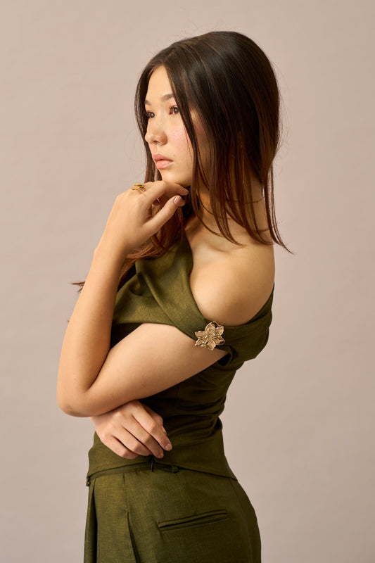 Moss Melt – Olive Off-Shoulder Stretchable Top for Women