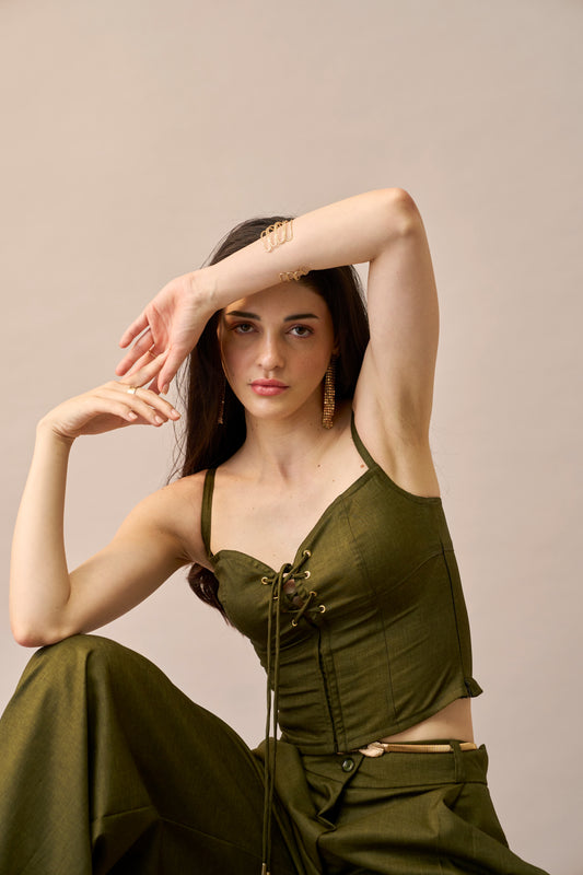 Olive Thread – Lace-Up Corset Style Fitted Top for Women