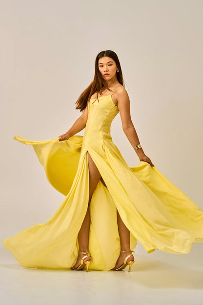 Dawn Dust Slit Gown for Women – Spaghetti Strap Maxi Dress