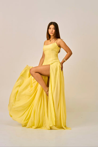Dawn Dust Slit Gown for Women – Spaghetti Strap Maxi Dress