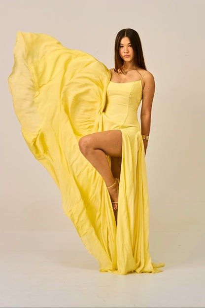 Dawn Dust Slit Gown for Women – Spaghetti Strap Maxi Dress