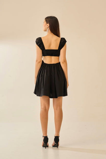 Charcoal Drizzle – Black Short Sleeve Poplin Mini Dress for Women