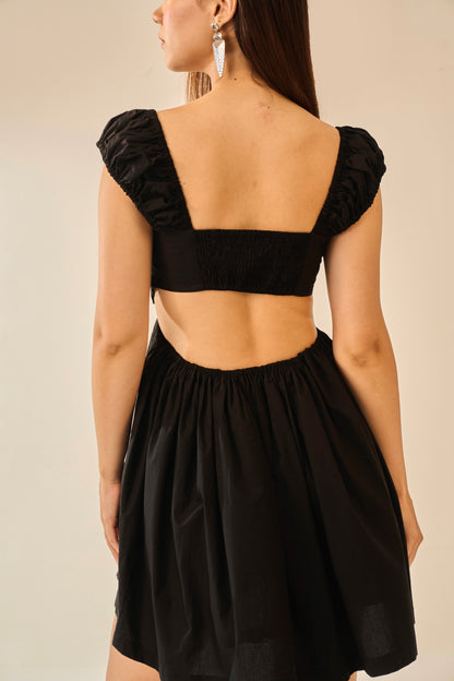Charcoal Drizzle – Black Short Sleeve Poplin Mini Dress for Women