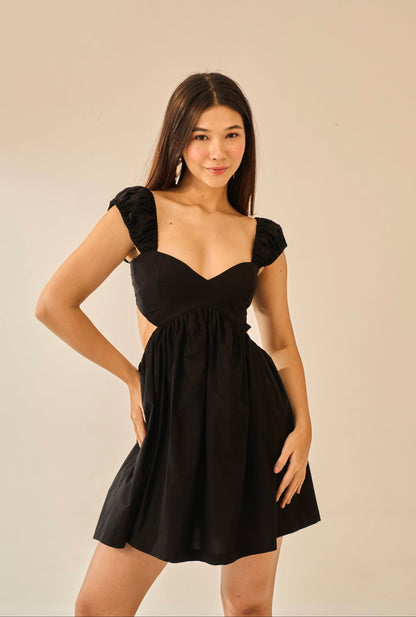 Charcoal Drizzle – Black Short Sleeve Poplin Mini Dress for Women
