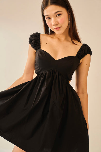 Charcoal Drizzle – Black Short Sleeve Poplin Mini Dress for Women