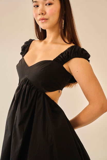 Charcoal Drizzle – Black Short Sleeve Poplin Mini Dress for Women