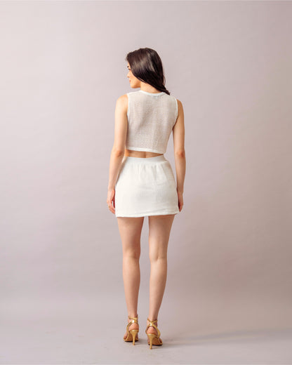 Soft Mesh Co-ord set – White Crochet Knit with inner & Mini Skirt Set for Women