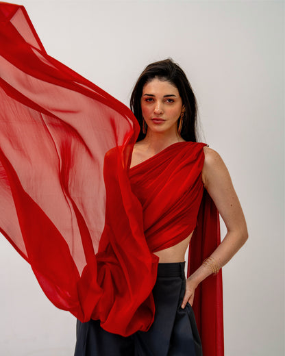 Fire & Form Top – Convertible Draped Red Chiffon Crop Top