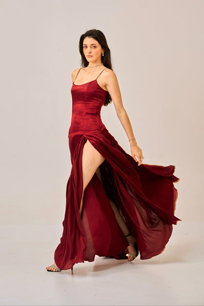 Dusk Rose Slit Gown for Women – Spaghetti Strap Maxi Dress