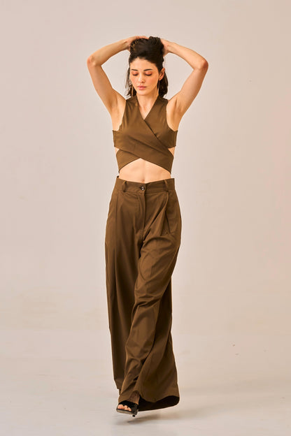 Cocoa Drape -  Olive Brown Wrap Cross Crop Top for Women