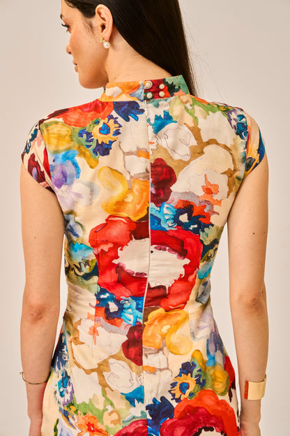 Brushstroke Garden Bodycon Floral Viscose Muslin Women Dress
