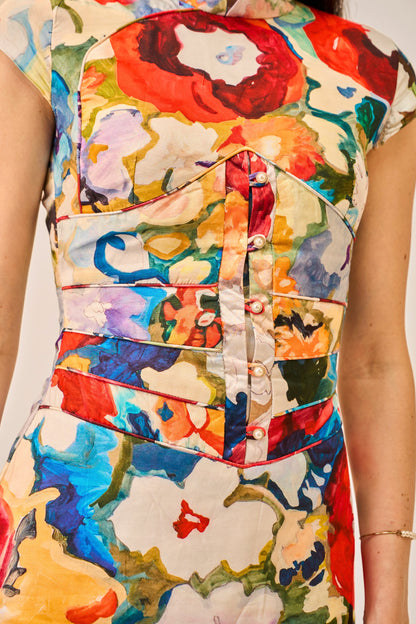 Brushstroke Garden Bodycon Floral Viscose Muslin Women Dress