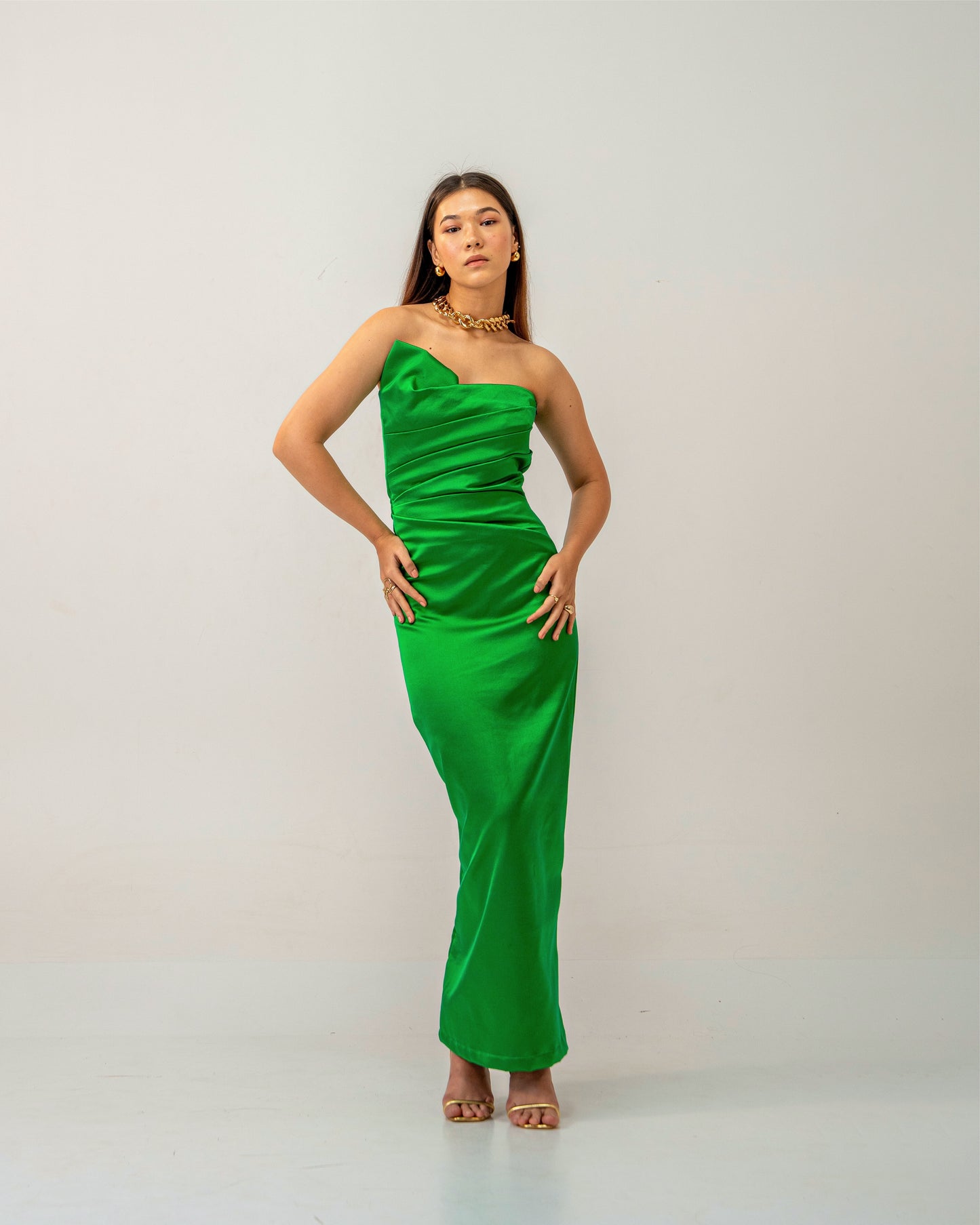 Emerald Hour Dress – Sculpted Emerald Green Satin Gown for Women