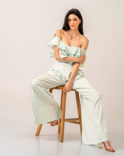 Mint Mirage set – Off-Shoulder Pastel Green Ruffle top & High-waist trousers Co-ord Set