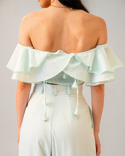 Mint Mirage set – Off-Shoulder Pastel Green Ruffle top & High-waist trousers Co-ord Set