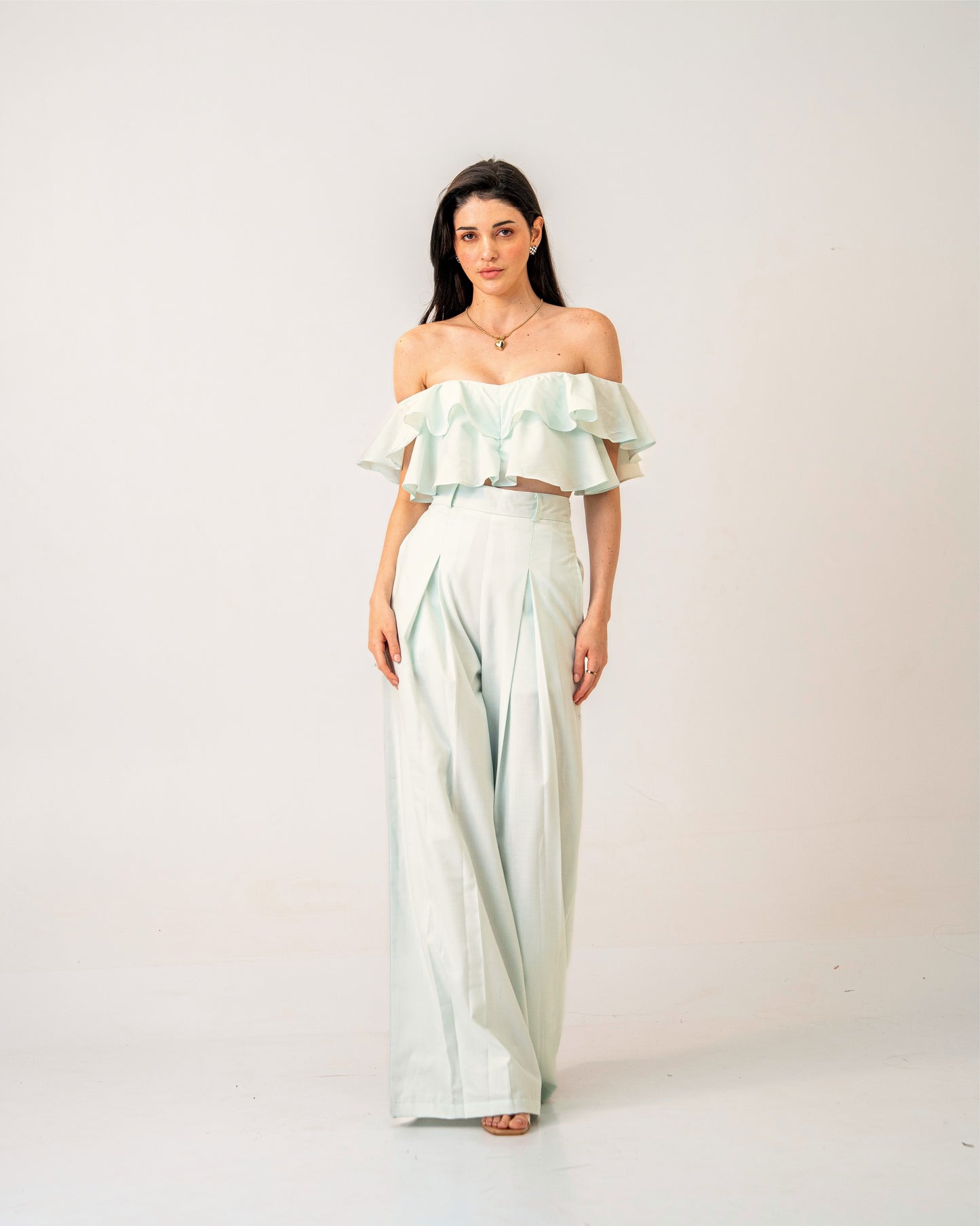 Mint Mirage set – Off-Shoulder Pastel Green Ruffle top & High-waist trousers Co-ord Set